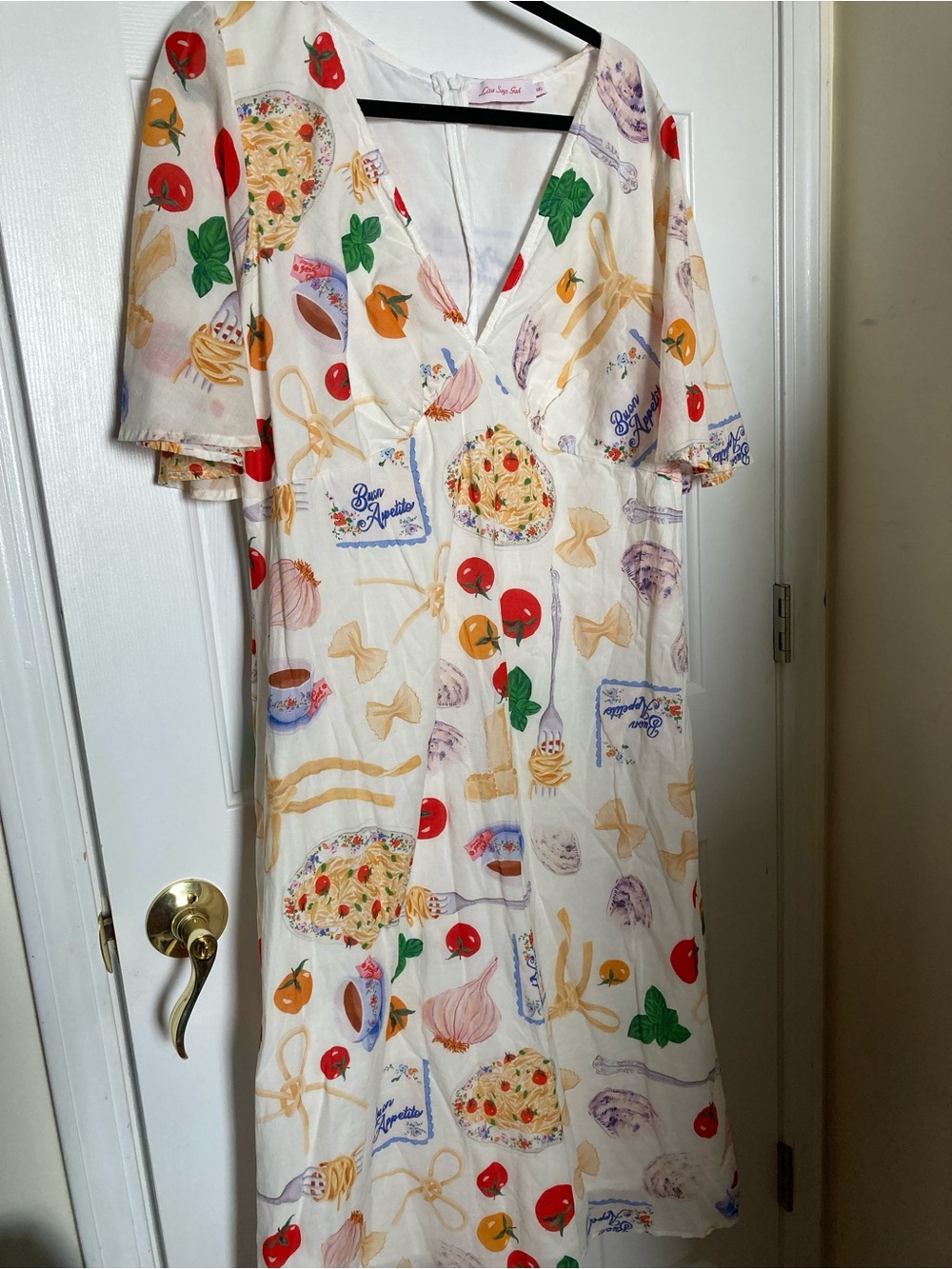 Lisa Says Gah White Midi Dress with Red & Orange Food Print